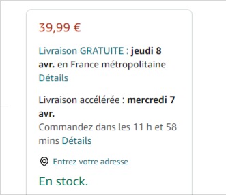 Fiche produit e-commerce avec prix, frais de port et délai de livraison