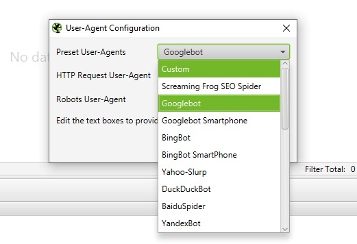 Dans la liste des « User-Agent », vous pouvez choisir quel bot Screaming Frog va imiter lors de l'analyse du site.