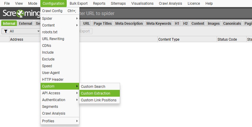 « Configuration » – Section « Custom Extraction » : Extraction personnalisée de données.