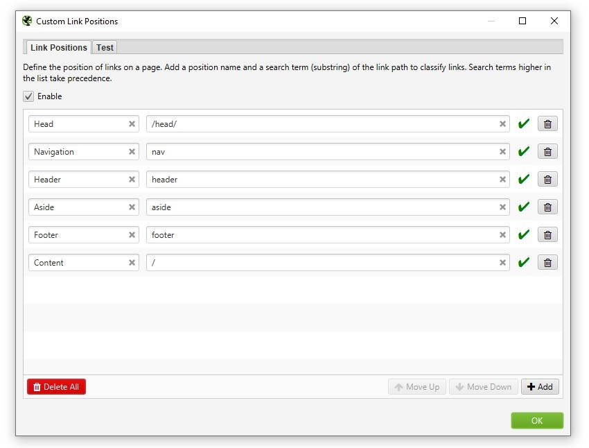 « Link Positions » : la configuration par défaut utilise les termes suivants pour classifier les liens.