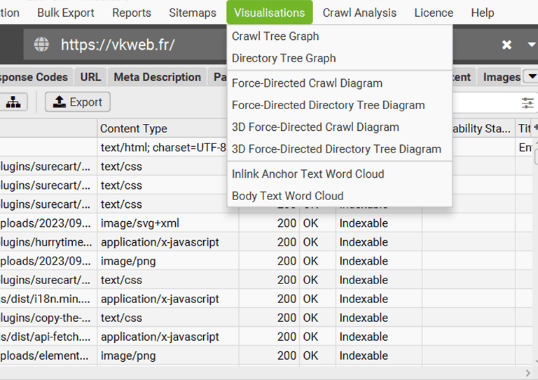 « Visualisations » – Fonctionnalités de visualisation dans Screaming Frog.