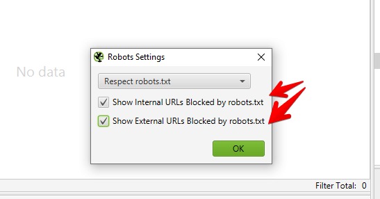 « Show internal/external URLs blocked by robots.txt » (Afficher les URL internes/externes bloquées par robots.txt).