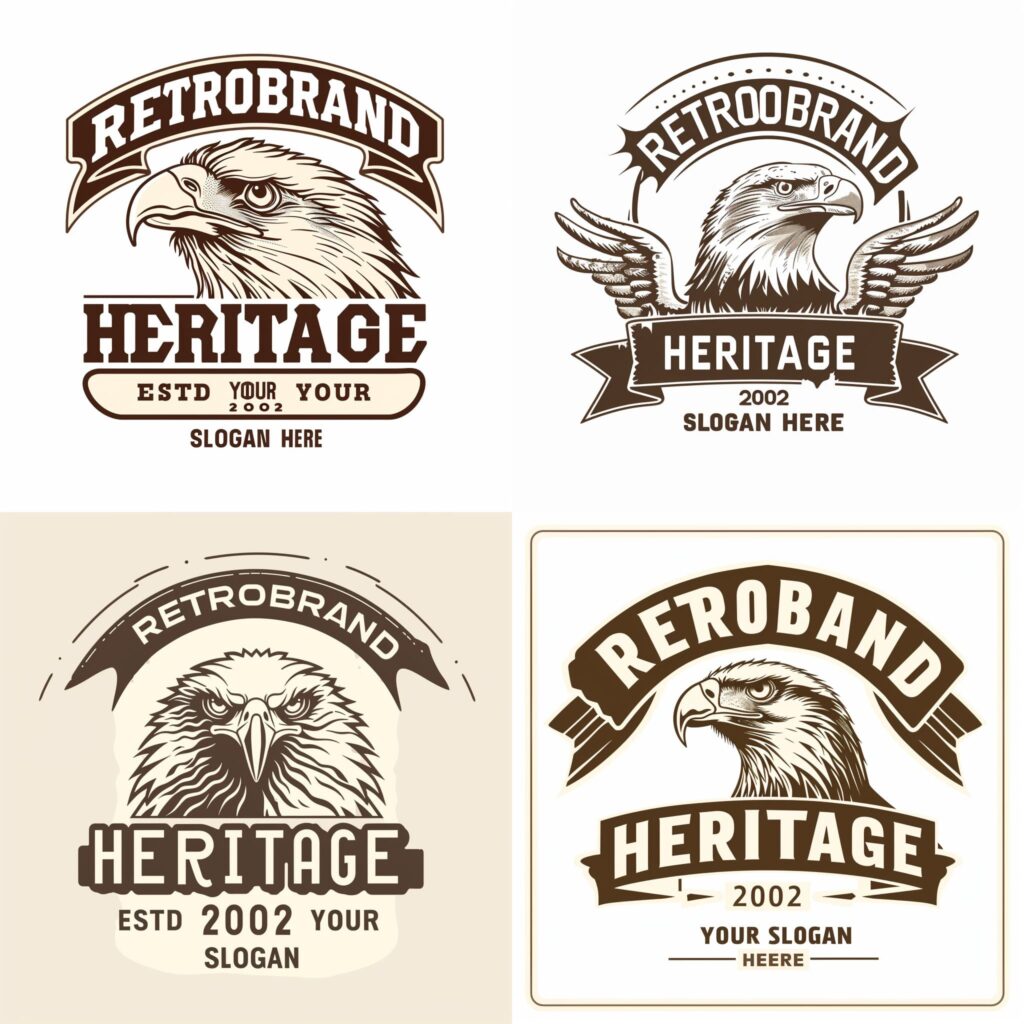 Midjourney logo création dans un style vintage propre, représentant des aigles majestueux avec des bannières rétro.