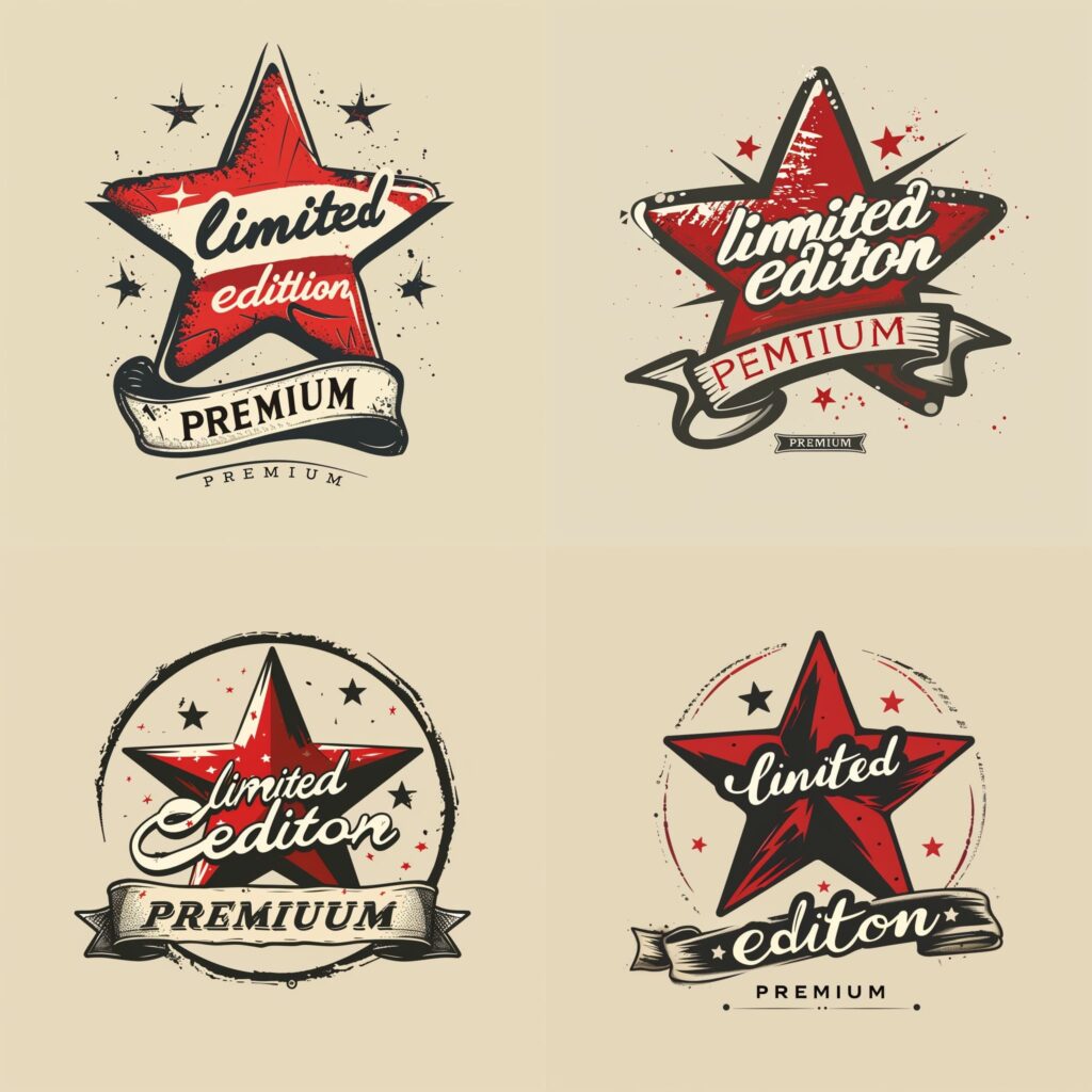 Midjourney logo creation dans un style vintage, mettant en avant des badges étoilés rouges avec des rubans et des éléments rétro.