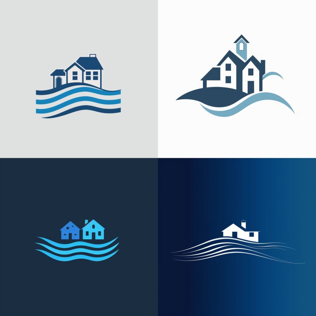 Exemple de logo minimaliste représentant des maisons sur des vagues